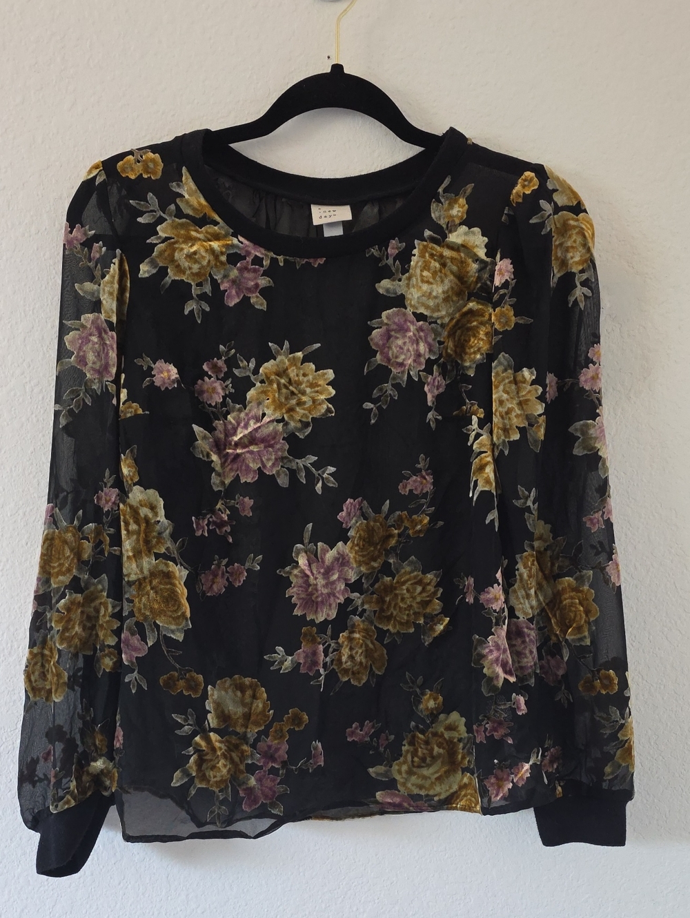Black Sheer Floral Velvet Burnout Long-Sleeve Blouse